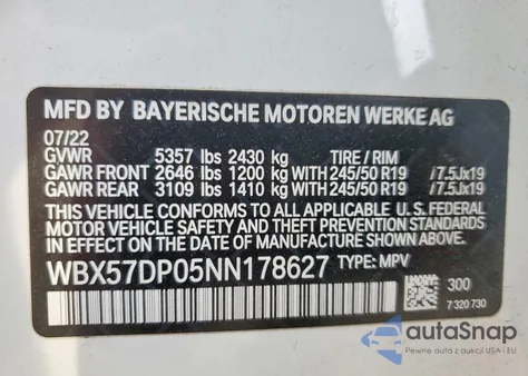 2022 BMW X3 xDrive30I z USA, uszkodzony, nr VIN WBX57DP05NN178627